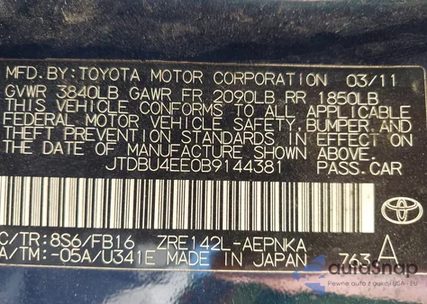 2011 Toyota Corolla Le z USA, uszkodzony, nr VIN JTDBU4EE0B9144381